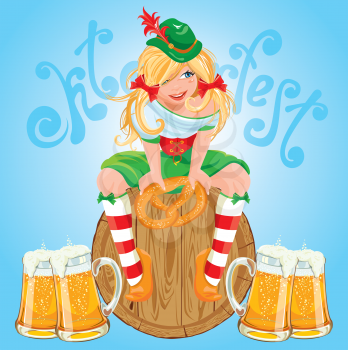 Pretty Bavarian girl with beer and pretzel, Oktoberfest card.