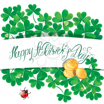 Holiday card with calligraphic words Happy St. Patrick`s Day. Shamrock, ladybird and golden coin on white background. 