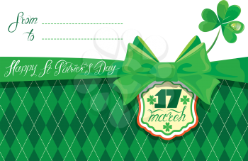 Horizontal holiday card with calligraphic words Happy St. Patrick`s Day with green bow, Shamrock and frame on white and tartan ornamental background. Invitation.