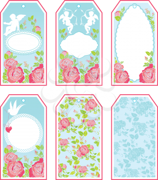 Set of holiday banners and labels in pink and blue colors with white frame, angel, dove bird and rose flowers. Frames, borders, cards for Happy Valentines Day, Birthday, Wedding, etc. design. Vintage 