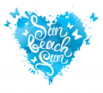 Heart shape is made of brush strokes and blots in blue colors and handwritten text Sun Beach Fun - element for Summer and vacation design. 