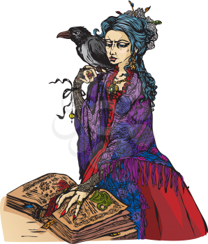 Woman witch with black raven reading ancient magic book