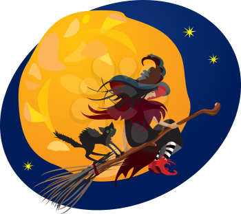 Halloween night: witch and black cat flying on broom on moon background
