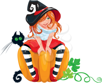 Illustration for Halloween with a cute witch sitting on big pumpkin and black cat, isolated on white background.