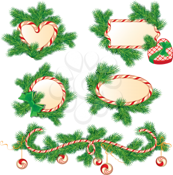 Set of fir-tree branches, Candy frames and borders, elements for winter holidays design, isolated on white background. Merry Christmas and Happy New Year theme.