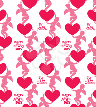 Seamless pattern with silhouettes of angel and heart. Calligraphic text Be my Valentine and Happy Valentine s Day. Pink background, Love concept.