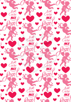 Seamless pattern with silhouettes of angel and heart, calligraphic text You are my Angel. Happy Valentine s Day pink background, Love concept.