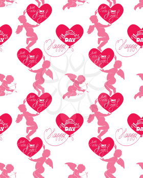 Seamless pattern with silhouettes of angel and heart, calligraphic text You are my Angel and Happy Valentine s Day. Pink background, Love concept.