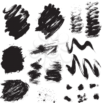 Set of black blots and ink splashes isolated on white background. Abstract elements for design in grunge style. 