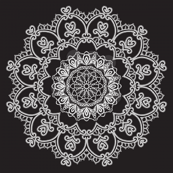 Round Frame - floral lace ornament - white on black background. Element for holiday card, wedding invitation, vintage style design.