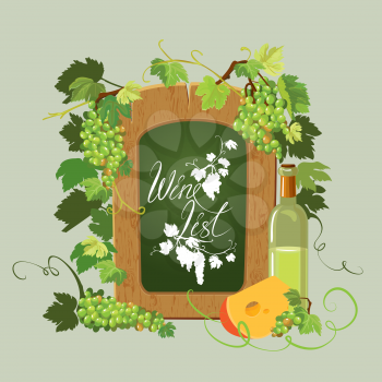 Wooden menu blackboard, Wine bottle, cheese and green grapes and leaves isolated on beige background. Calligraphic handdrawn text Wine list. Element for restaurant, bar, cafe menu or label.