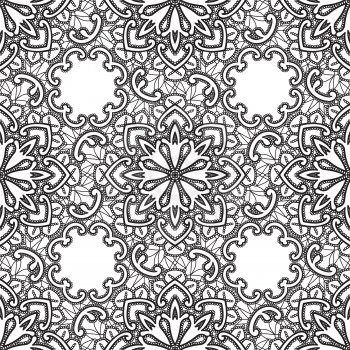 Black Lace seamless pattern with flowers on white background - fabric design.