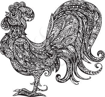 Ornamental stylized rooster, black isolated on white background. Symbol of 2017 new year.  Chinese calendar. 