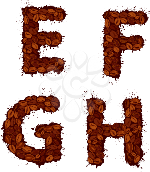 EFGH, english alphabet letters, made of coffee beans, in grunge style, isolated on white background 