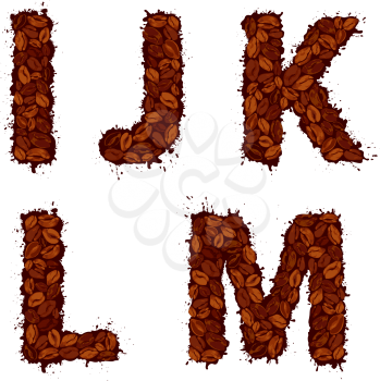 IJKLM, english alphabet letters, made of coffee beans, in grunge style, isolated on white background 