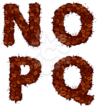 NOPQ, english alphabet letters, made of coffee beans, in grunge style, isolated on white background 