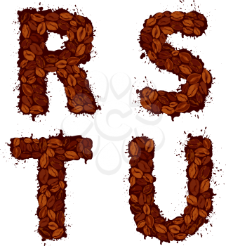 RSTU, english alphabet letters, made of coffee beans, in grunge style, isolated on white background 