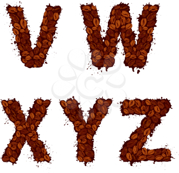 VWXYZ, english alphabet letters, made of coffee beans, in grunge style, isolated on white background 