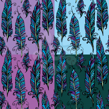 Seamless pattern with ornamental Feather, tribal design. Ink hand drawn illustration with different indian feathers on violet, blue, green colors background.