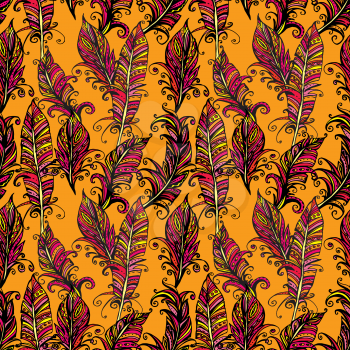Seamless pattern with ornamental Feather, tribal design. Ink hand drawn illustration with different indian feathers on orange background.