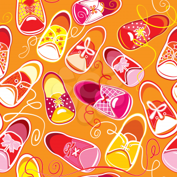 Seamless pattern, colored children gumshoes on orange background. Childish design.