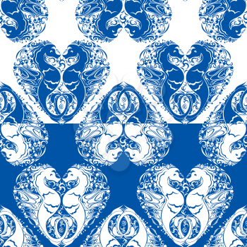 Seamless pattern with heart is made of Couple of seahorses. Two colors, white and blue background. Design for summer season, vacation, travel.