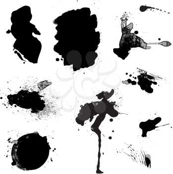 Set of black blots and ink splashes isolated on white background. Abstract elements for design in grunge style.