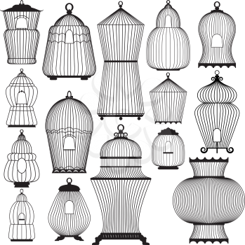 Set of decorative black bird cage Silhouettes, isolated on white background.