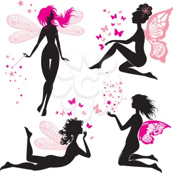 Set of black and pink silhouette fairy girls with butterflies and stars, isolated on white background. Fairytale design elements.