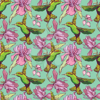 Seamless pattern. Colibri and flowers on green background. Hand drawn image for floral design.