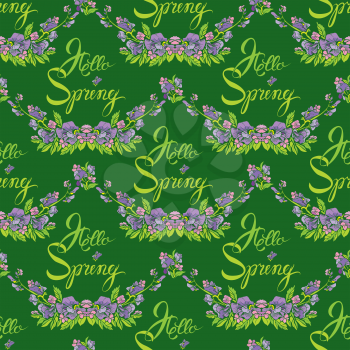 Seamless pattern with flowers and calligraphic handwritten text Hello Spring on green backdrop - hand drawn background.