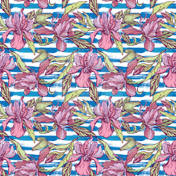Seamless pattern with orchid flowers on the striped grunge blue and white nautical background.Background for summer holidays or vacation design.