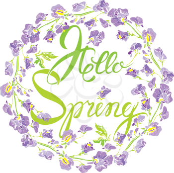 Decorative handdrawn floral round frame with sweet pea flowers, isolated on white background. Hand written calligraphic text Hello Spring. Seasonal design element.