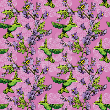 Seamless pattern. Colibri birds and flowers on pink background with mandala ornaments. Hand drawn image for floral design.