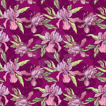 Floral Seamless Pattern with hand drawn flowers, orchids with mandala ornaments on background. 