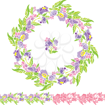 Set of round frame and seamless line ornamen with flowers, isolated on white background. Summer or spring design.