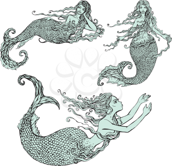 Set of Handdrawn Illustration with Beautiful mermaid girls isolated on white background.