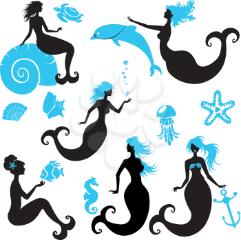 Set of Beautiful mermaid girl Silhouettes in black and blue colors,  isolated on white background. Elements for fairytale design. With seashell, seahorse, fish, dolphin.