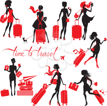 Set  of young elegant woman silhouettes with suitcase isolated on white background. Fashion Girls travels the world. Calligraphic hand written text Time to travel.