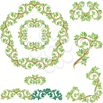 Set of Floral seamless detailed ornaments, borders, frames, vignettes with olive tree leaves and curled branches isolated on white background.
