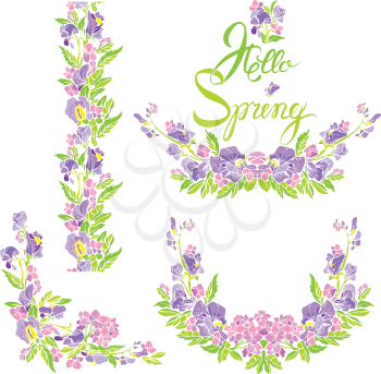 Set of border, frame, vignette with flowers and calligraphic handwritten text Hello Spring, isolated on white background.