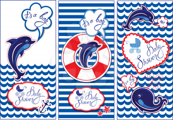  Baby boy Shower Nautical Set. Party Decoration, Scrapbook, invitation card. Funny flyers with dolphin, whale and frame on stripe white and blue  background.