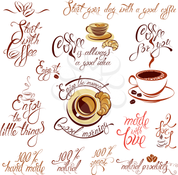 Set of coffee cups icons, stylized sketch symbols and hand drawn calligraphic text Start with coffee, made with love, Enjoy the moment, etc. Elements for menu, cafe or restaurant design. 