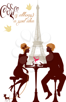 People silhouettes, love image, Illustration of couple young woman and man drinking coffee and chatting on Paris street cafe. Elements for restaurant, bar menu design. 