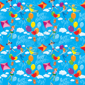 Seamless pattern with clouds, colorful balloons, kite and cute girls with teddy bears on sky blue background. Calligraphic text Happy Birthday, lets party