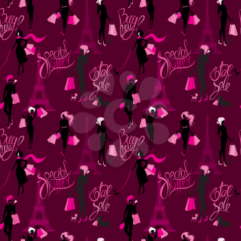 Seamless pattern - Effel Tower, girls silhouettes with shopping bags and calligraphic text Total sale, Buy now, Special offer, Background for fashion or retail design.