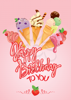 Greeting card with ice cream cones on pink background. Calligraphic handdrawn text Happy Birthday. Holiday design.
