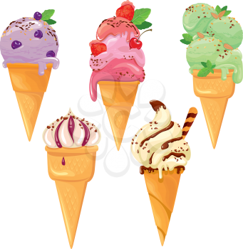Set of Ice cream cones with glaze, Chocolate, strawberry, blueberry and cherry, isolated on white background.