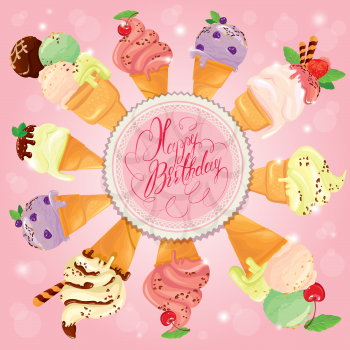 Greeting card with round frame and ice cream cones on pink background. Calligraphic handdrawn text Happy Birthday. Holiday design.