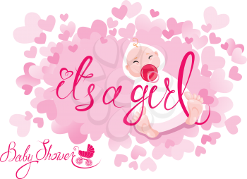 Baby Shower. Its a girl congratulations on the birth of girl. Pink background with hearts.